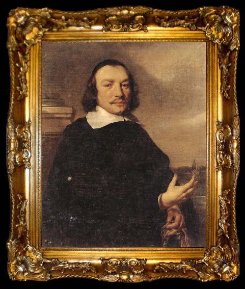 framed  Jan van Noordt Portrait of a gentleman holding gloves,a view of a dutch town beyond, ta009-2